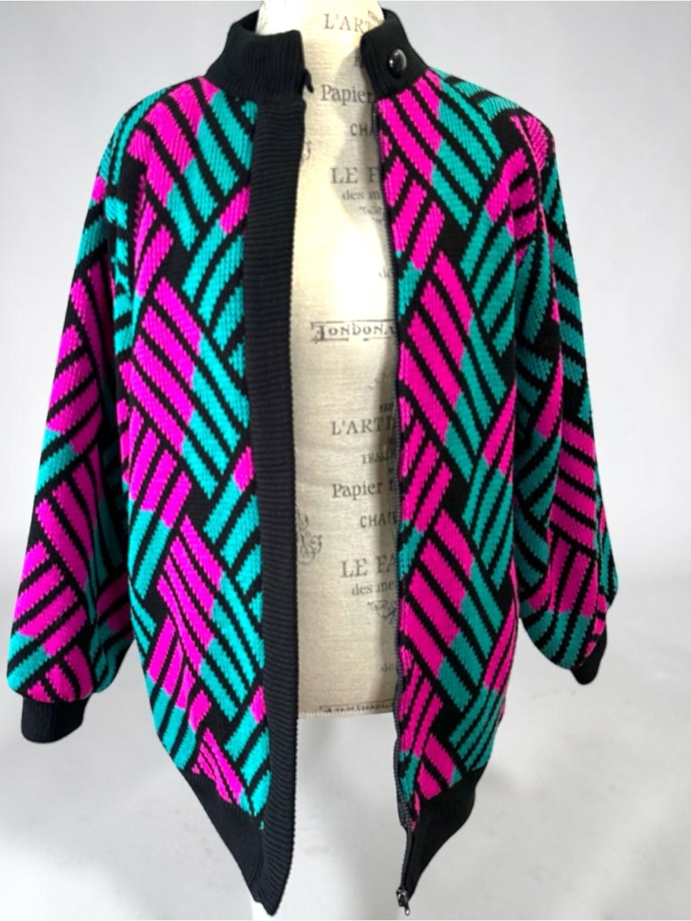 Vintage 80s Chori Oversized Colourblock Geometric Knit Bomber Jacket Pink Teal S - Picture 7 of 10